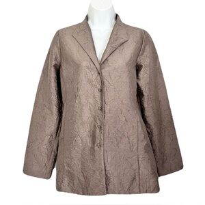 Eileen Fisher 100% Silk Taupe Crinkled Button Down Tunic, Size XS